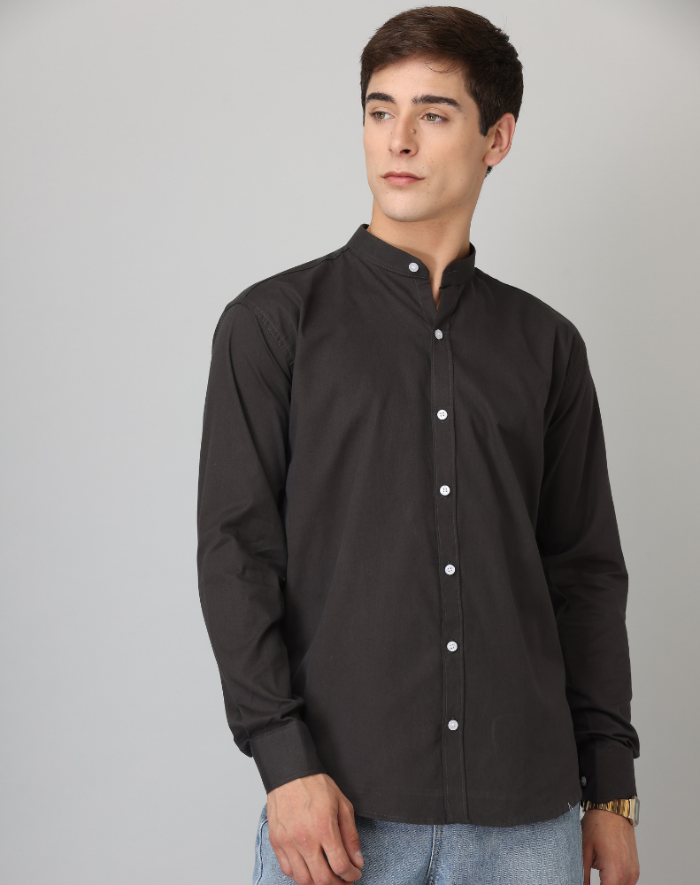 Premium Chinese Collar Black Solid Tailored Fit Cotton Casual Shirt for Man