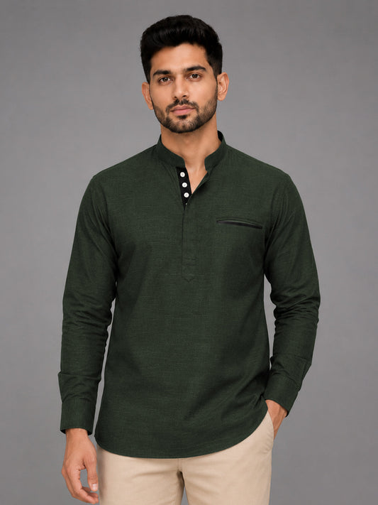 Urban Fit Bottle Green Short Linen Kurta For Men
