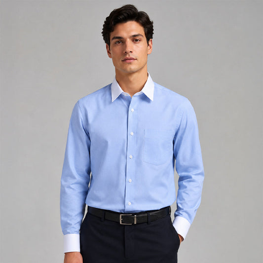 White Collar Denim Blue Oxford Cotton Shirt For Men