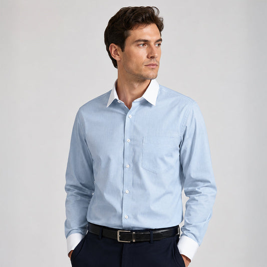 White Collar Sky Blue Oxford Cotton Shirt For Men