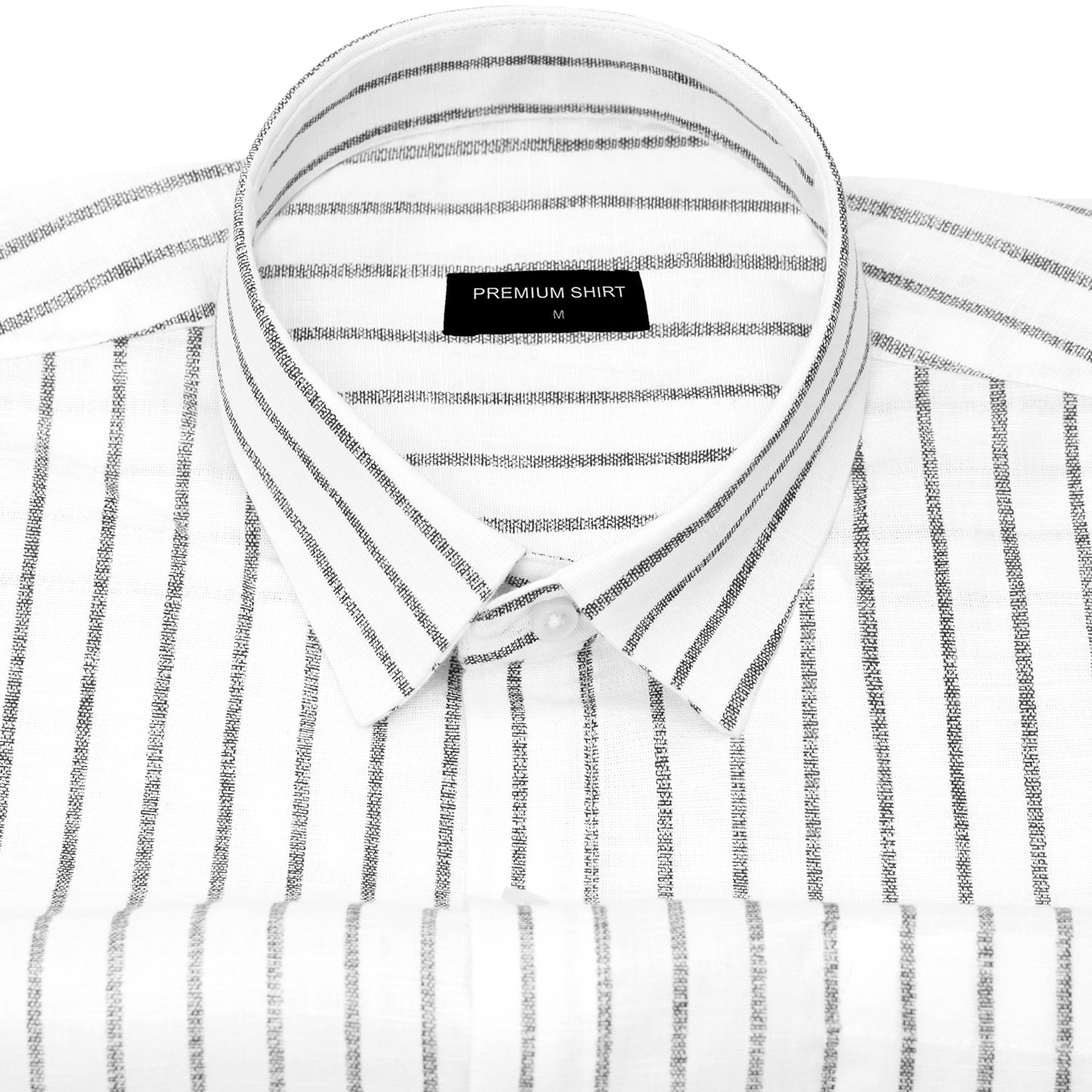 White shirt with black pinstripes and a visible brand label on a white background