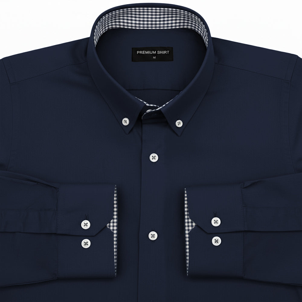 Navy Satin Contrast Check Collar Shirt for Men