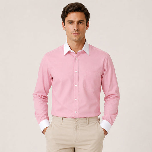 White Collar Pink Oxford Cotton Shirt For Men