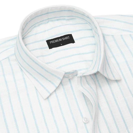 Close-up of a white shirt with blue stripes and a visible label on a white background