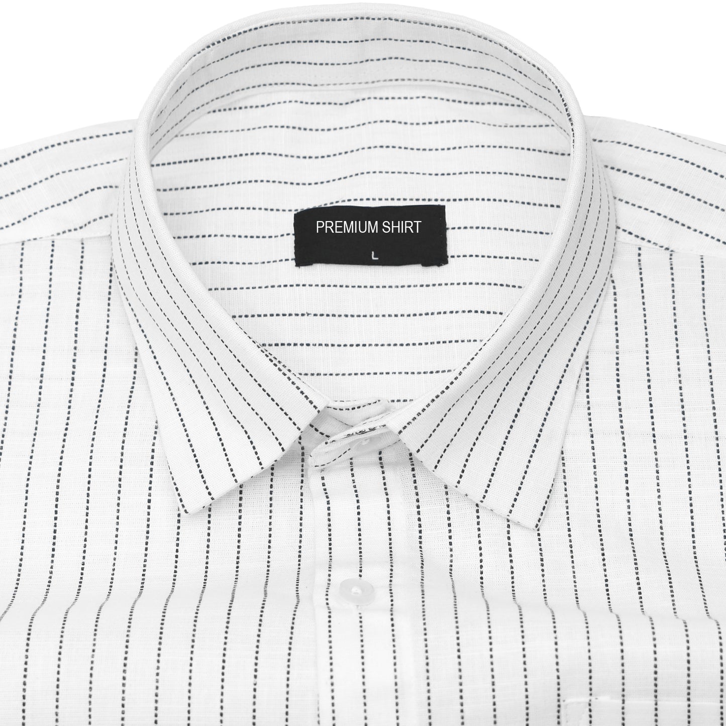 White shirt with black pinstripes and 'Premium Shirt' label on a white background