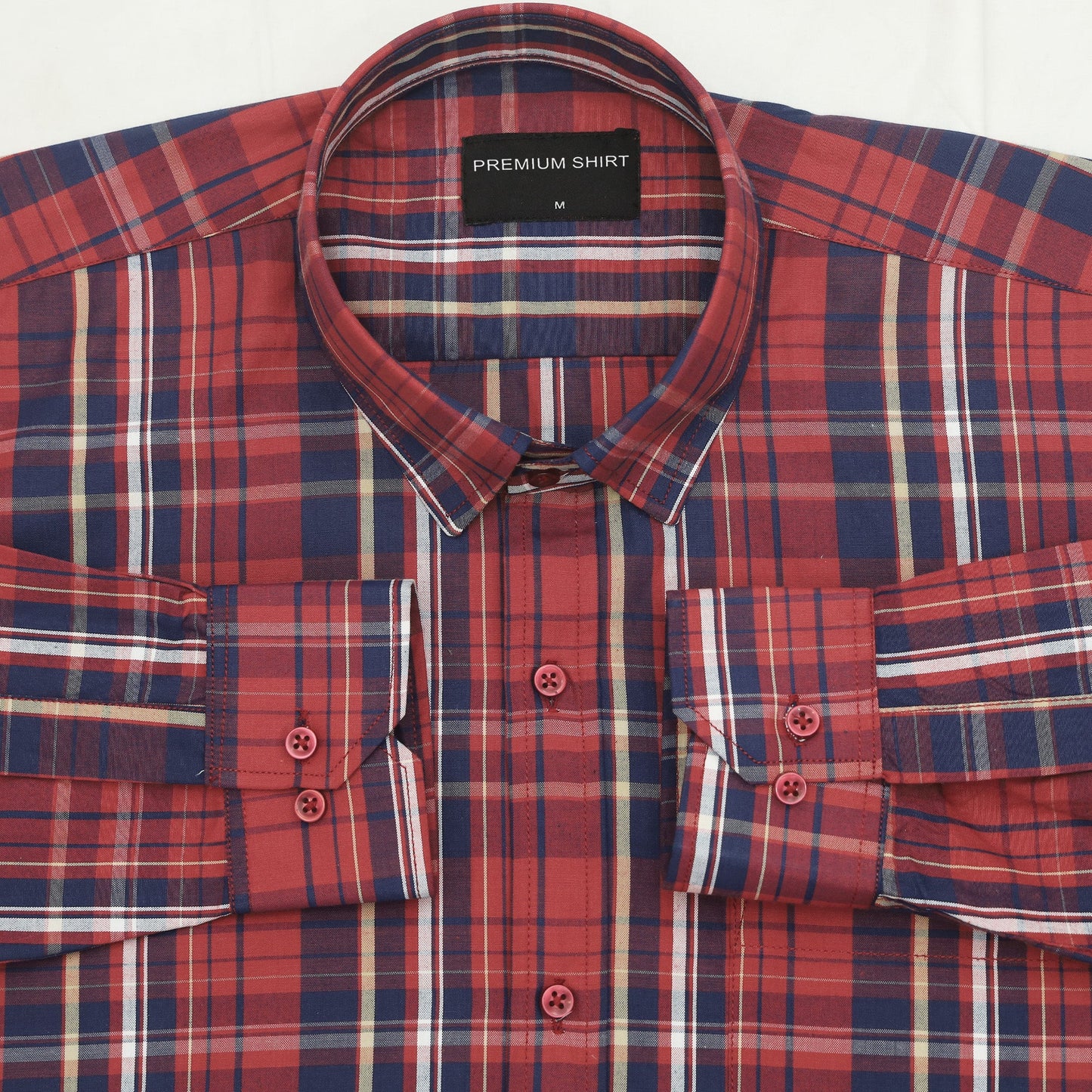 Crimson Red Check Paper Cotton Shirt For Men