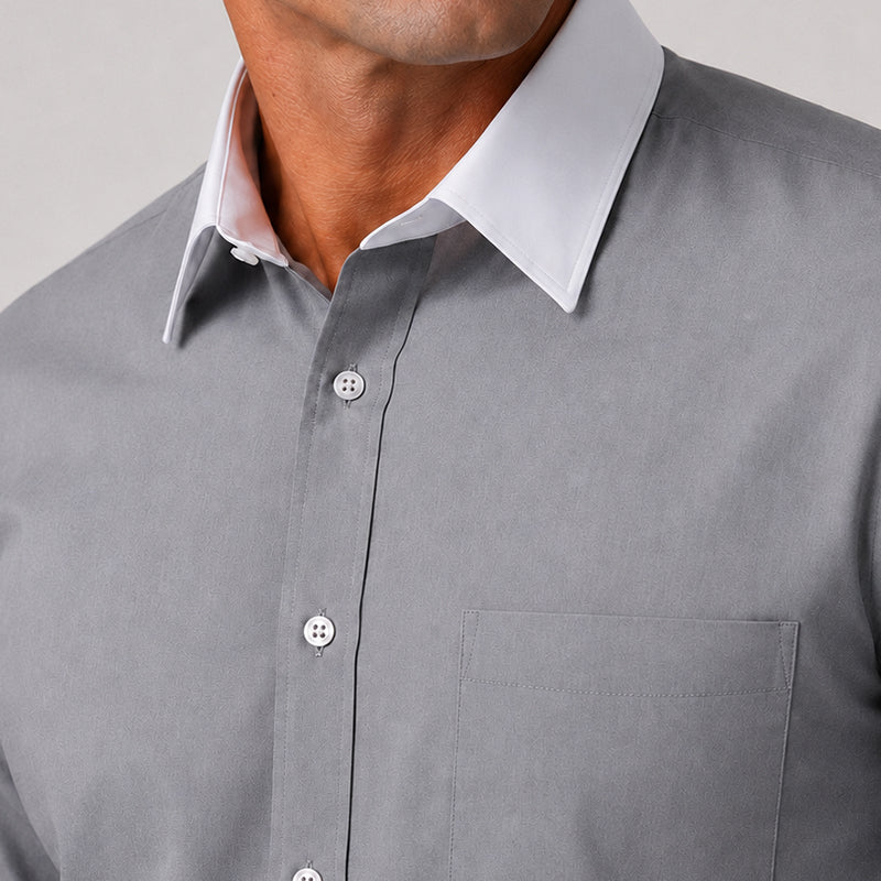 White Collar Dark Grey Oxford Cotton Shirt For Men