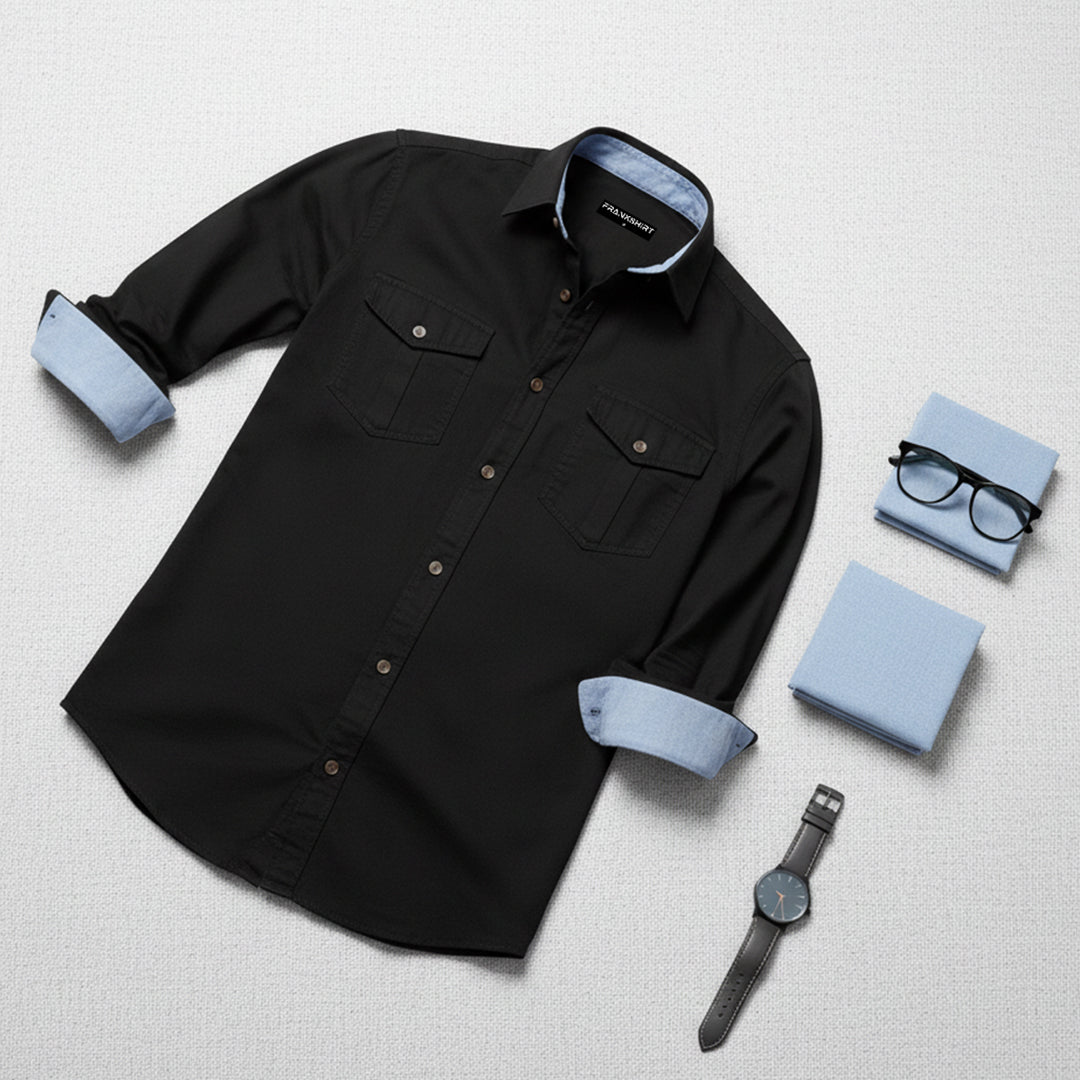 Cargo Style Black Shirt with Blue Contrast