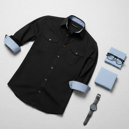 Cargo Style Black Shirt with Blue Contrast