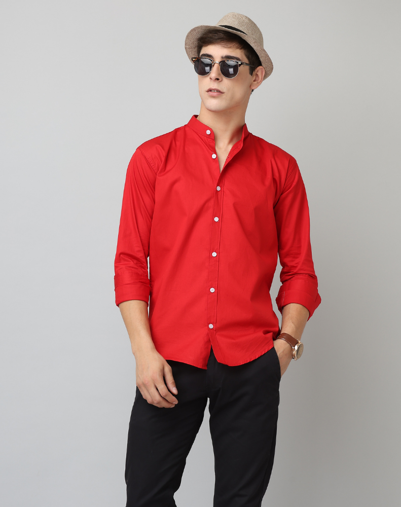 Premium Chinese Collar Red Tailored Fit Cotton Casual Shirt for Man