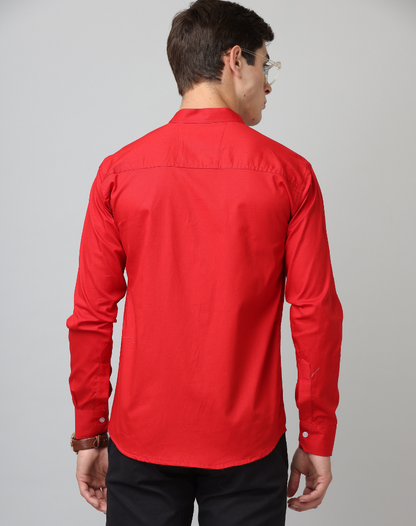Premium Chinese Collar Red Tailored Fit Cotton Casual Shirt for Man
