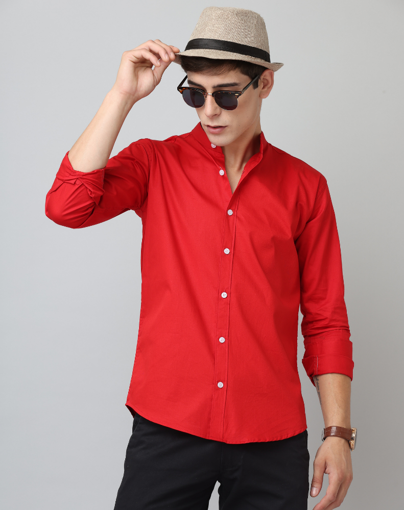 Frankshirt Chinese Collar Red Tailored Fit Cotton Casual Shirt for Man