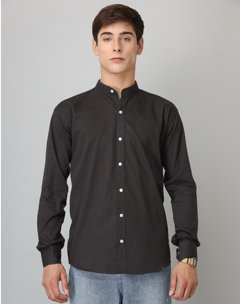 Frankshirt Chinese Collar Black Solid Tailored Fit Cotton Casual Shirt for Man