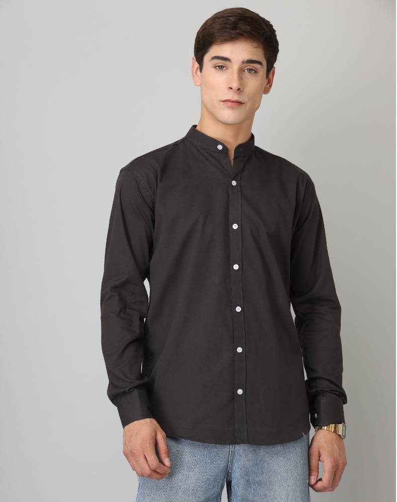 Frankshirt Chinese Collar Black Solid Tailored Fit Cotton Casual Shirt for Man