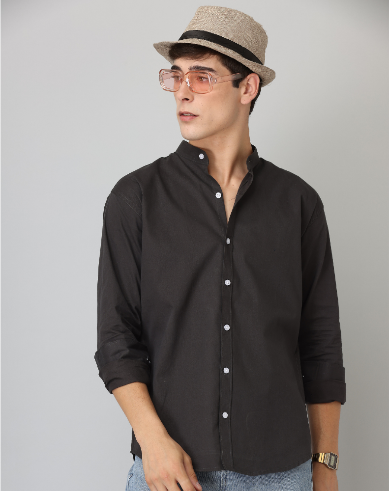 Frankshirt Chinese Collar Black Solid Tailored Fit Cotton Casual Shirt for Man