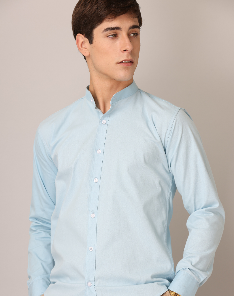 Frankshirt Chinese Collar Light Blue Tailored Fit Cotton Casual Shirt for Man