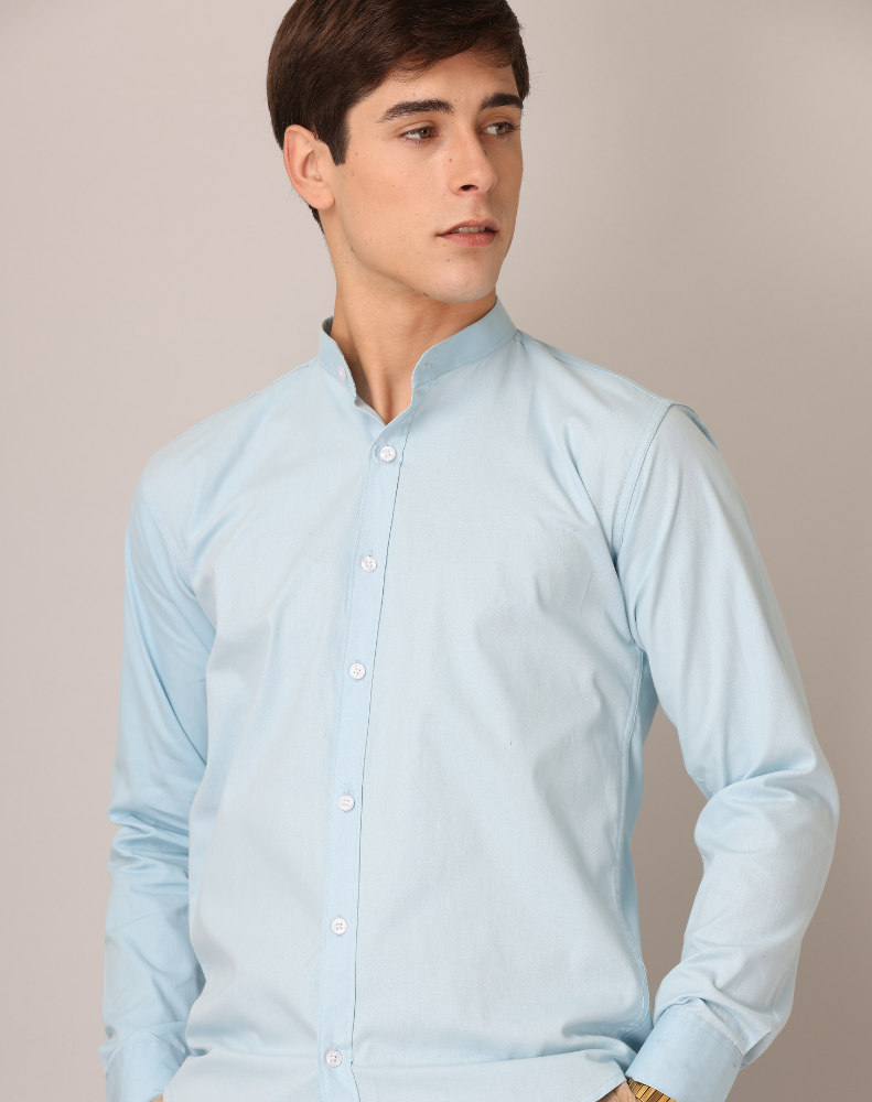 Premium Chinese Collar Light Blue Tailored Fit Cotton Casual Shirt for Man