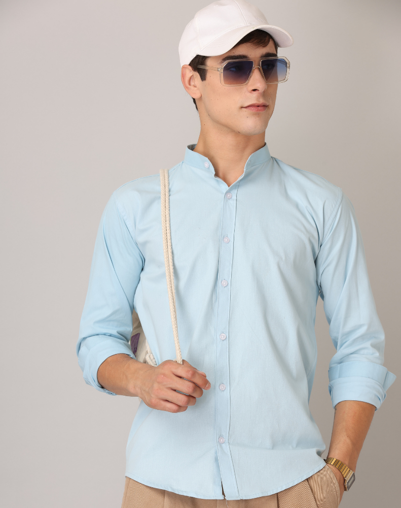 Premium Chinese Collar Light Blue Tailored Fit Cotton Casual Shirt for Man