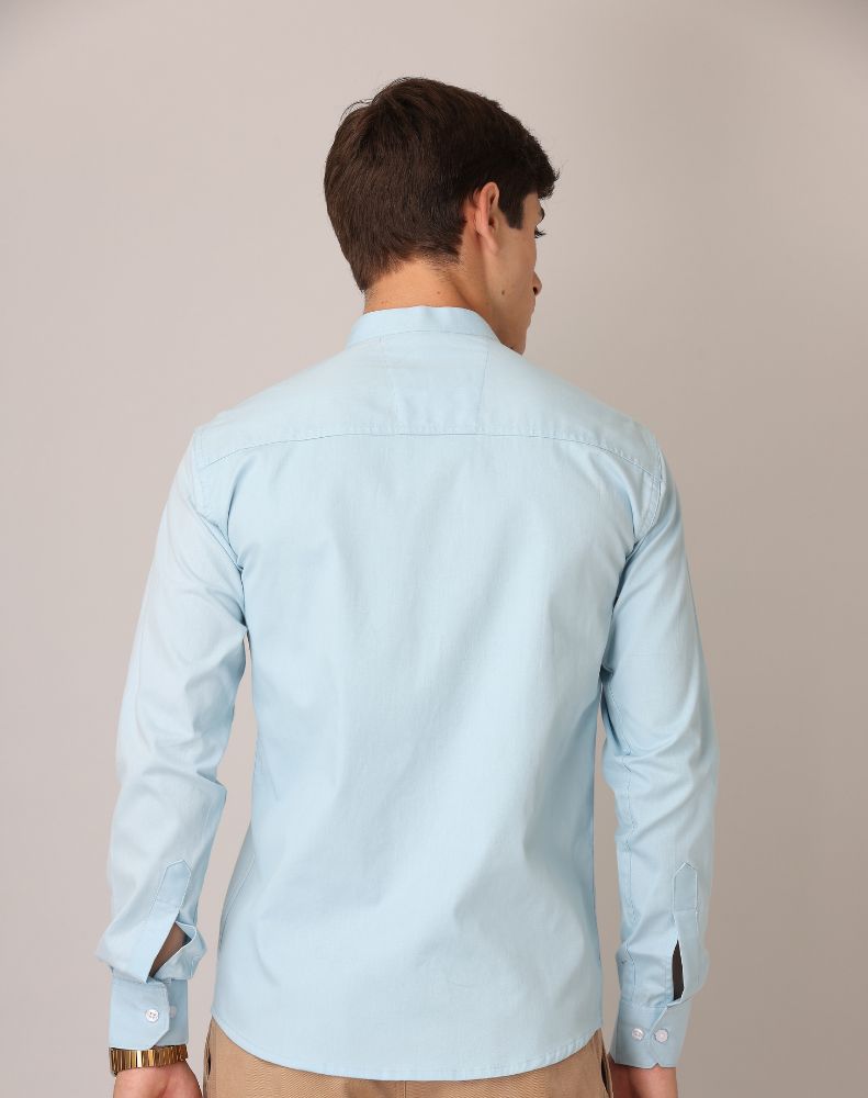 Frankshirt Chinese Collar Light Blue Tailored Fit Cotton Casual Shirt for Man