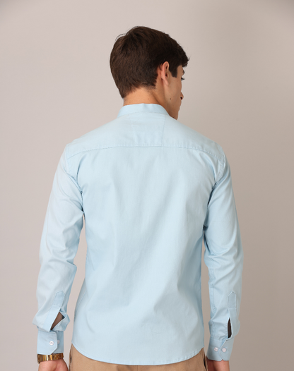 Premium Chinese Collar Light Blue Tailored Fit Cotton Casual Shirt for Man