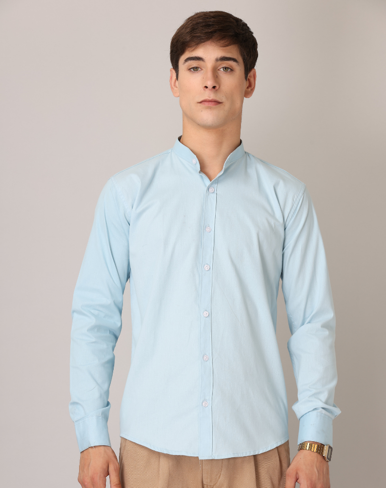 Premium Chinese Collar Light Blue Tailored Fit Cotton Casual Shirt for Man