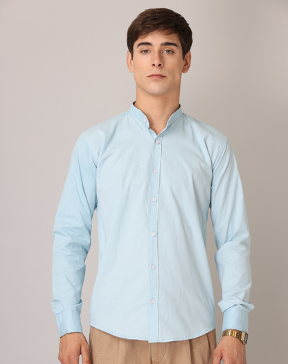 Premium Chinese Collar Light Blue Tailored Fit Cotton Casual Shirt for Man