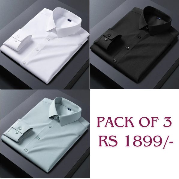 Pack of 3 Premium Cotton Shirt for Man (White, Black and Pista)