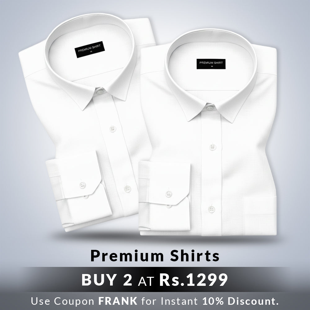 Two folded white shirts with a visible brand label on a gray background, promotional text at the bottom.