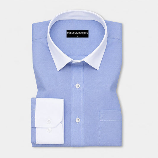 White Collar Denim Blue Oxford Cotton Shirt For Men