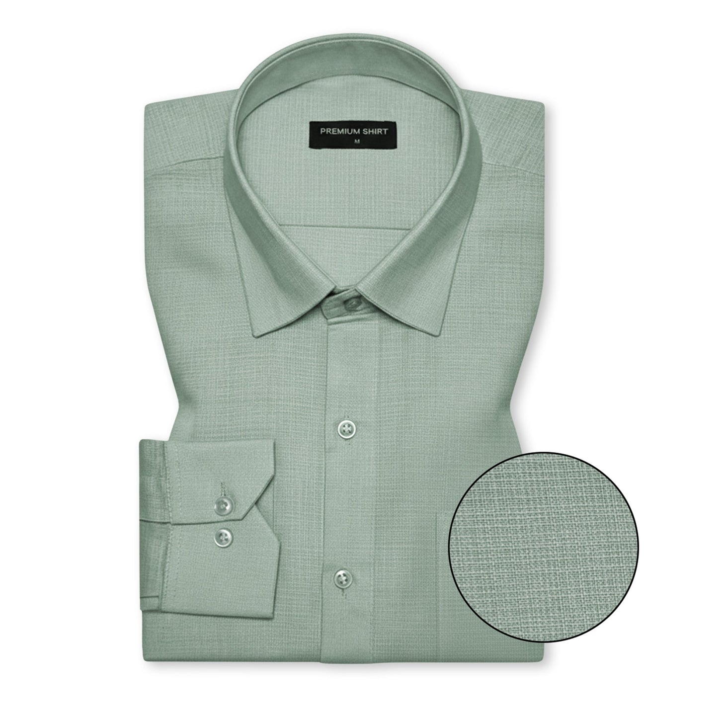 Folded green dress shirt with close-up detail on a white background