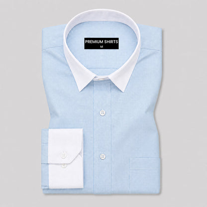 White Collar Sky Blue Oxford Cotton Shirt For Men