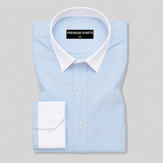White Collar Sky Blue Oxford Cotton Shirt For Men