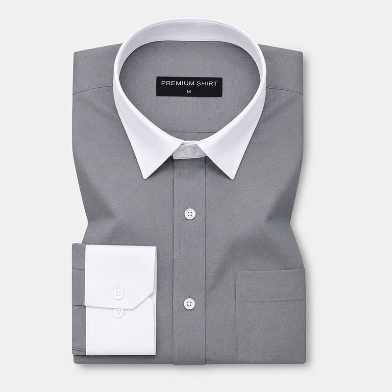 White Collar Dark Grey Oxford Cotton Shirt For Men