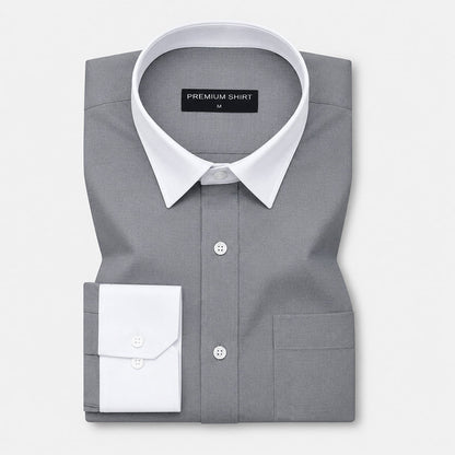 White Collar Dark Grey Oxford Cotton Shirt For Men