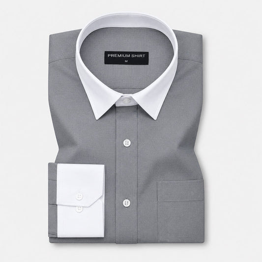 White Collar Dark Grey Oxford Cotton Shirt For Men