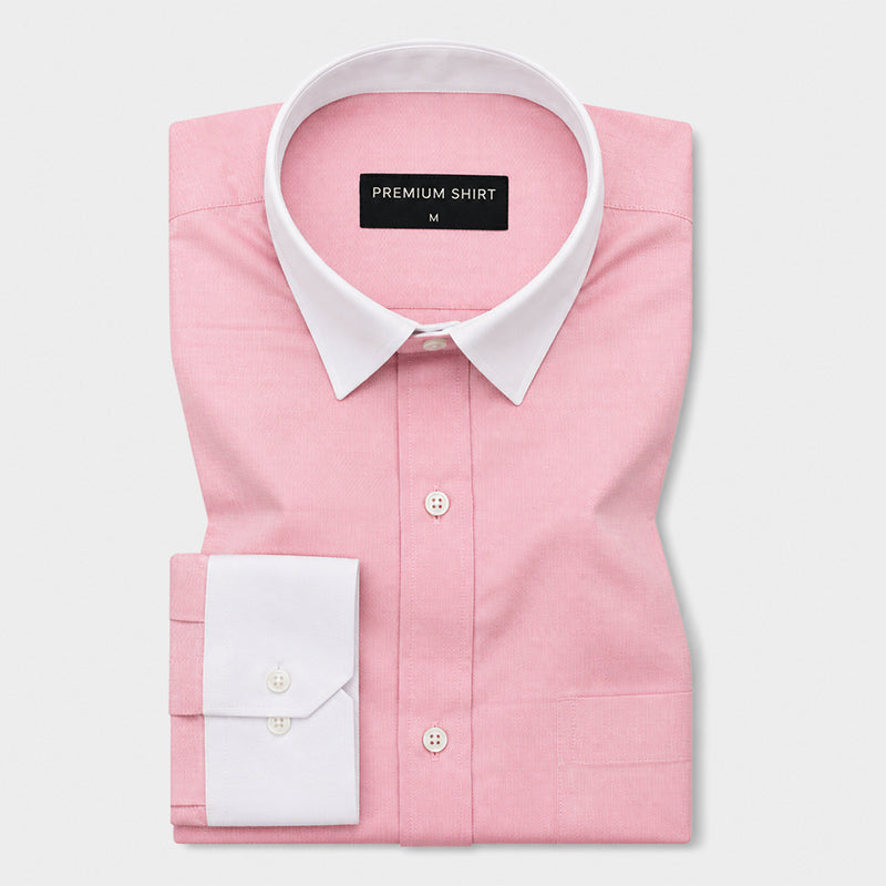 White Collar Pink Oxford Cotton Shirt For Men
