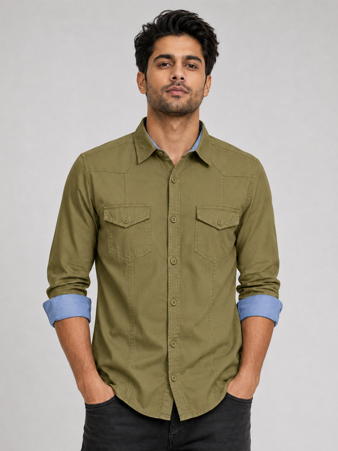 Pack Of 2 Cargo Style Olive & Dark Brown Shirt