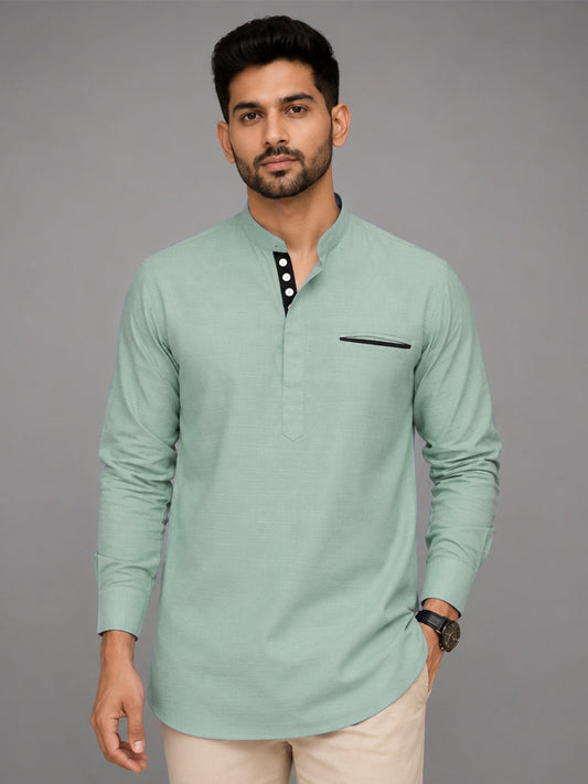 Urban Fit Sea Green Short Linen Kurta For Men