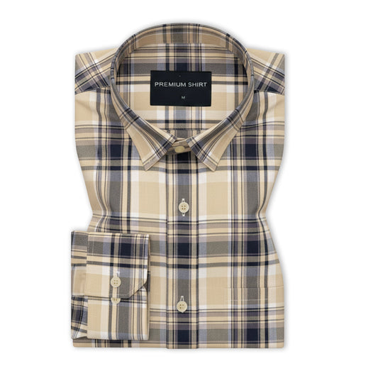 Beige & Navy Classic Check Cotton Blend Shirt for Men