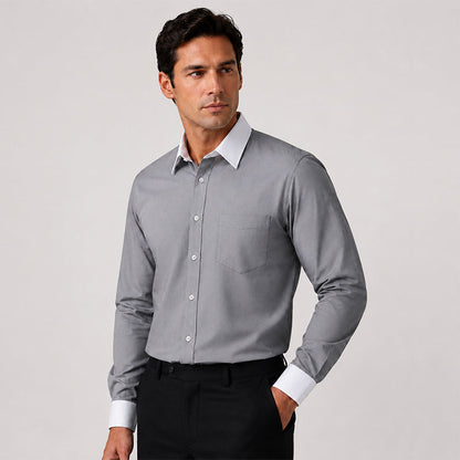 White Collar Dark Grey Oxford Cotton Shirt For Men