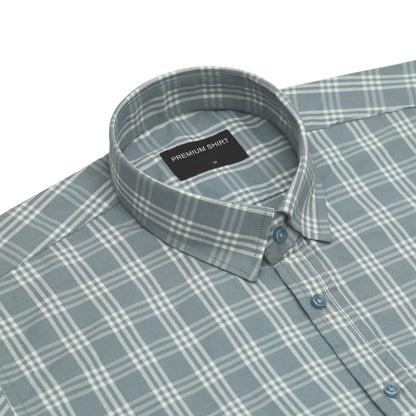 Frosted Teal Classic Check Paper Cotton Shirt For Men