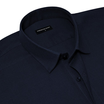Dark Blue Textured Linen Shirt For Men