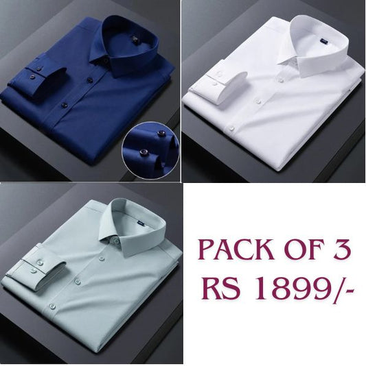 Pack of 3 Premium Cotton Shirt for Man (Navy Blue, White and Pista)