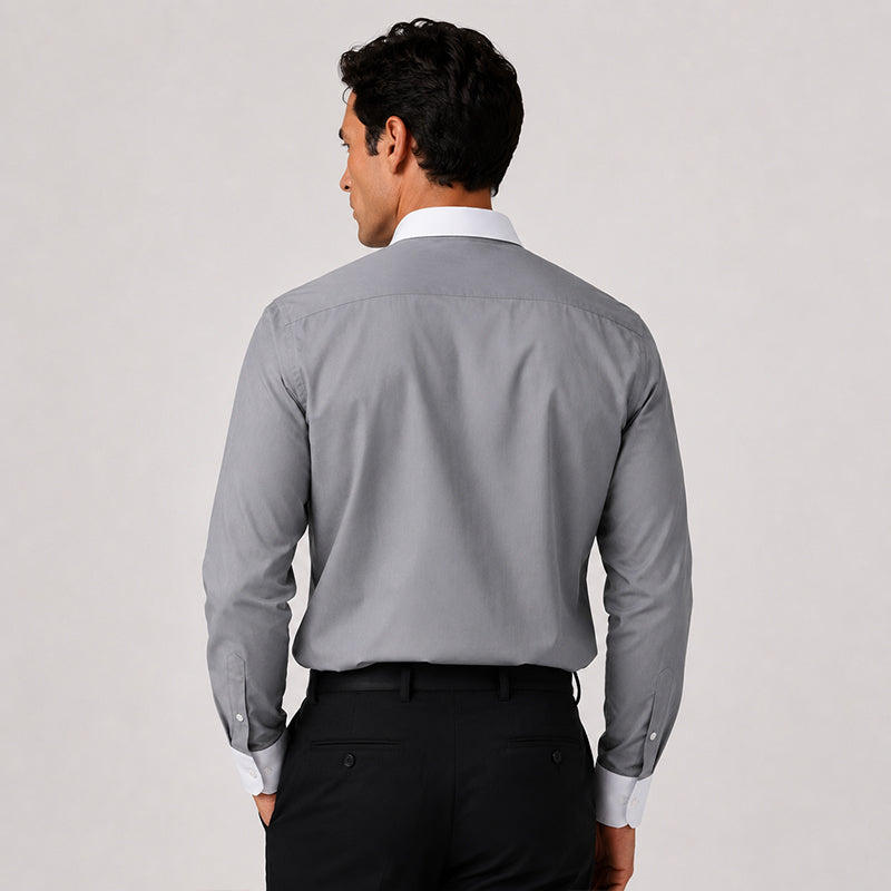 White Collar Dark Grey Oxford Cotton Shirt For Men