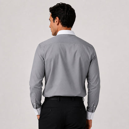 White Collar Dark Grey Oxford Cotton Shirt For Men