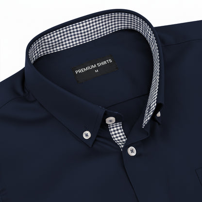 Navy Satin Contrast Check Collar Shirt for Men