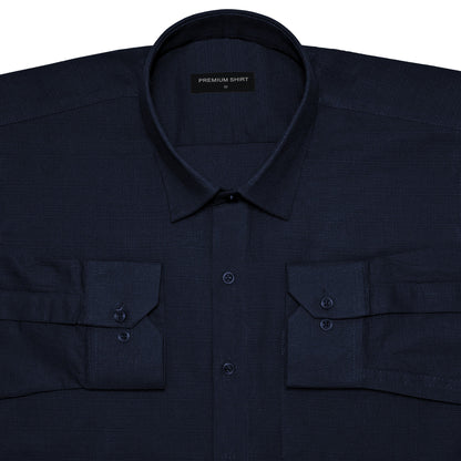 Dark Blue Textured Linen Shirt For Men