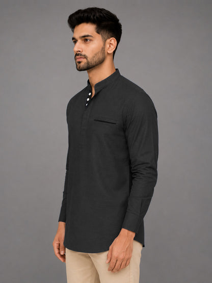 Urban Fit Dark Grey Short Linen Kurta For Men