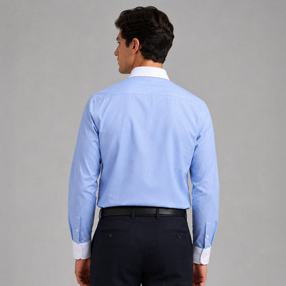 White Collar Denim Blue Oxford Cotton Shirt For Men