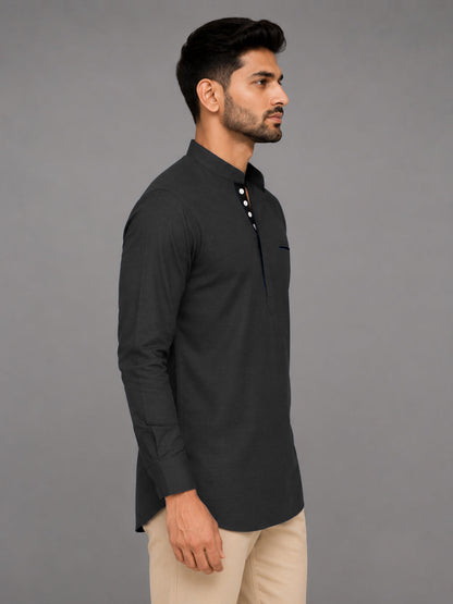 Urban Fit Dark Grey Short Linen Kurta For Men